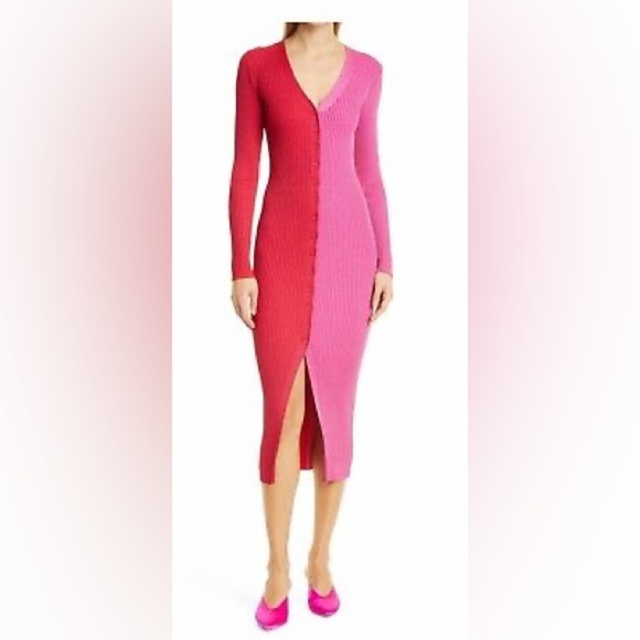STAUD Shoko Two Tone Split Cardigan Dress Size Large Color Pink Red - Picture 1 of 5